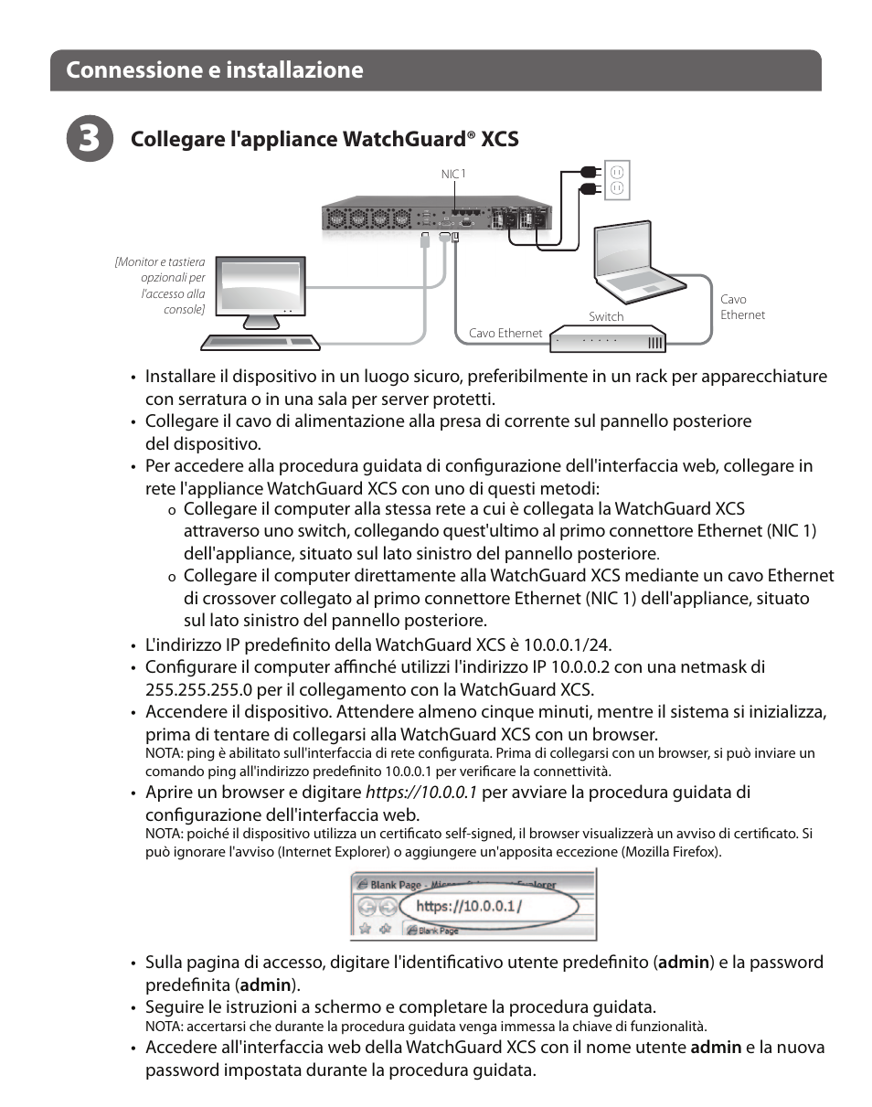 Connessione e installazione, Collegare l'appliance watchguard® xcs | WatchGuard XCS 880 User Manual | Page 20 / 44