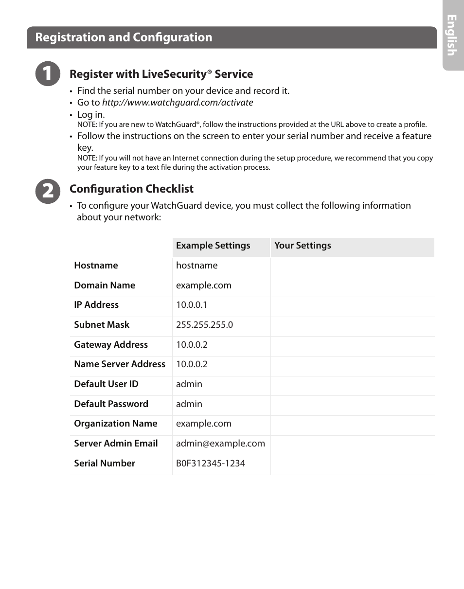 Engl ish, Registration and configuration | WatchGuard XCS 880 User Manual | Page 3 / 44