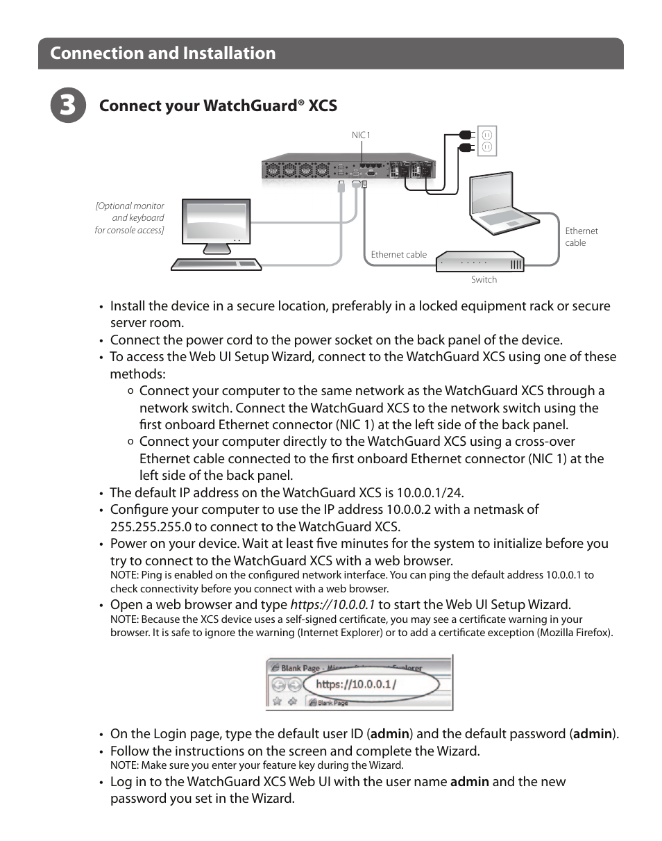 Connection and installation, Connect your watchguard® xcs | WatchGuard XCS 880 User Manual | Page 4 / 44