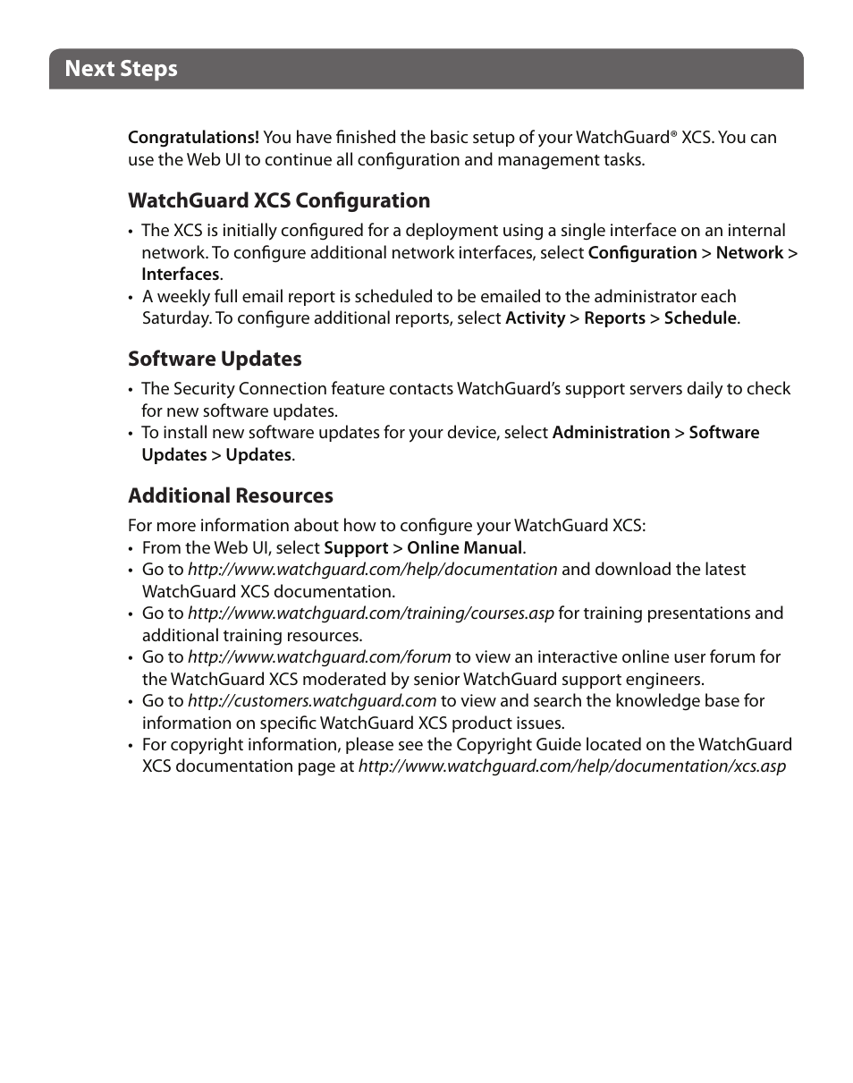 Next steps | WatchGuard XCS 880 User Manual | Page 5 / 44