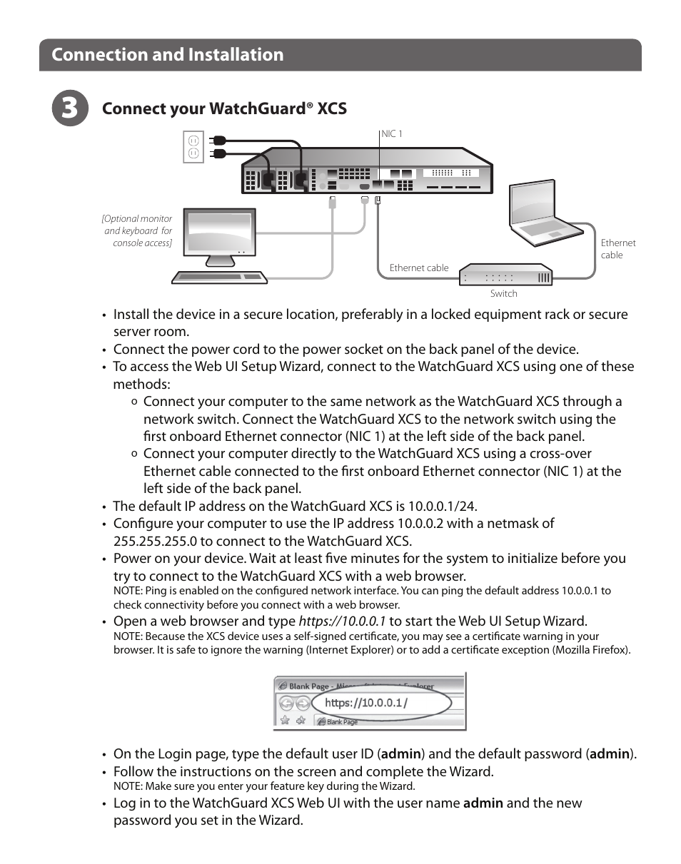 Connection and installation, Connect your watchguard® xcs | WatchGuard XCS 1170 User Manual | Page 4 / 8