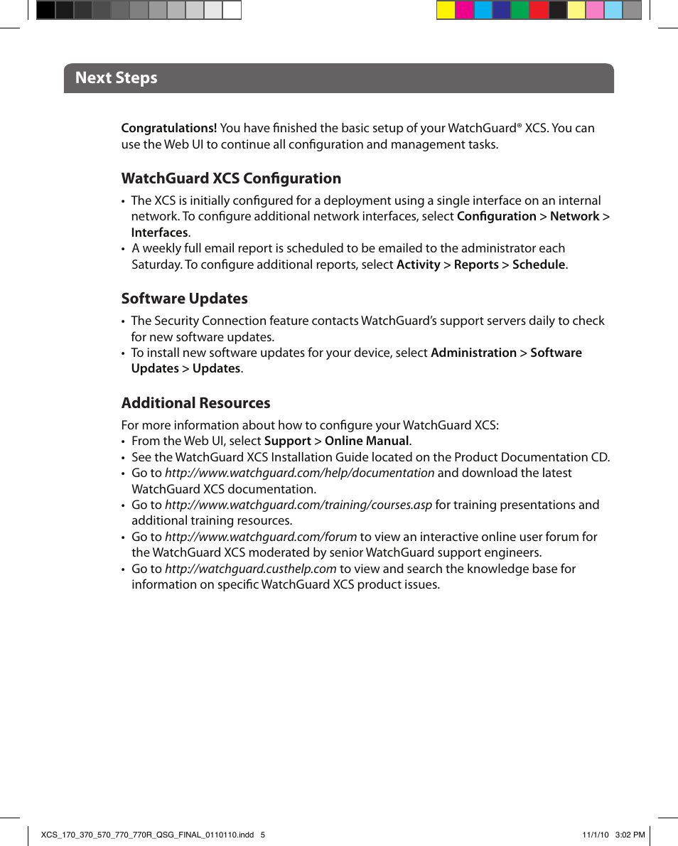 Next steps, Watchguard xcs configuration, Software updates | Additional resources | WatchGuard XCS 770R User Manual | Page 4 / 5