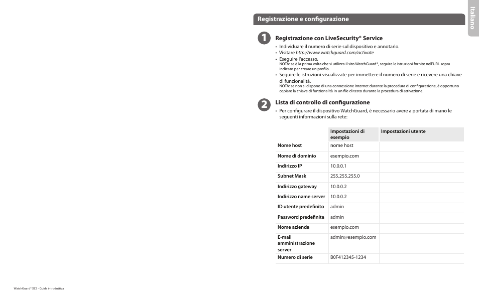 Ita lia no, Registrazione e configurazione | WatchGuard XCS 1180 User Manual | Page 10 / 23