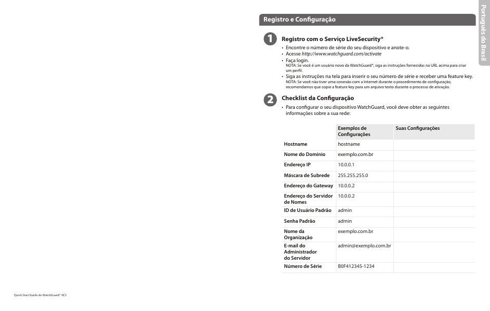 Por tu guê s do br as il, Registro e configuração | WatchGuard XCS 1180 User Manual | Page 20 / 23