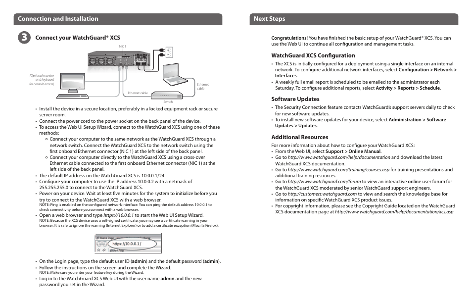 Connection and installation next steps | WatchGuard XCS 1180 User Manual | Page 3 / 23