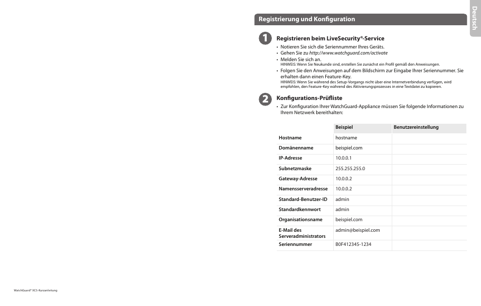 Deu ts ch, Registrierung und konfiguration | WatchGuard XCS 1180 User Manual | Page 4 / 23