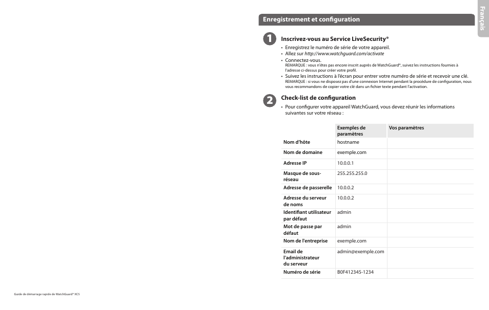 Fra nç ais, Enregistrement et configuration | WatchGuard XCS 1180 User Manual | Page 8 / 23