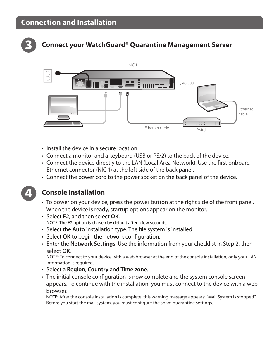 Connection and installation, Console installation | WatchGuard QMS User Manual | Page 3 / 8