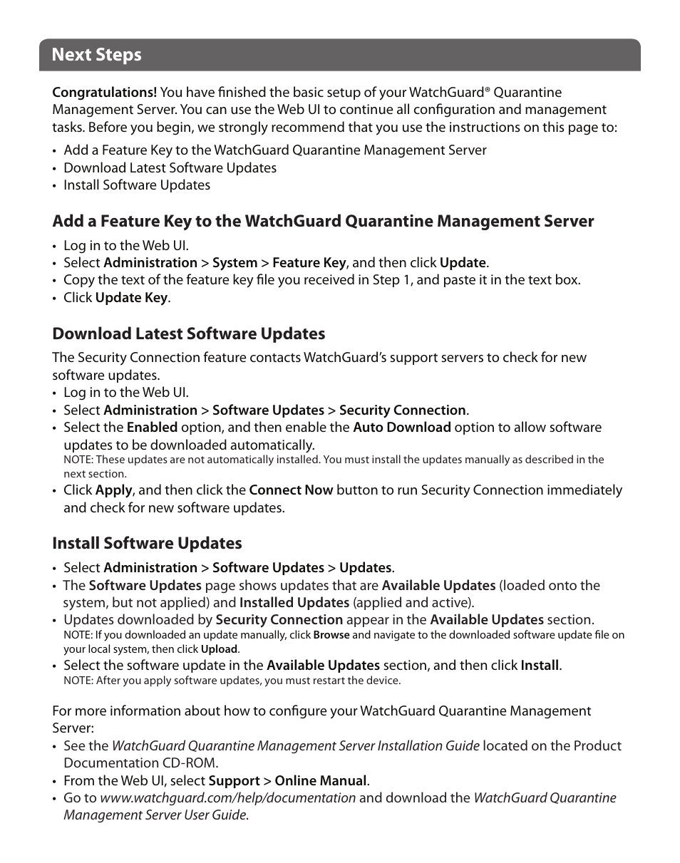 Next steps, Download latest software updates, Install software updates | WatchGuard QMS User Manual | Page 5 / 8