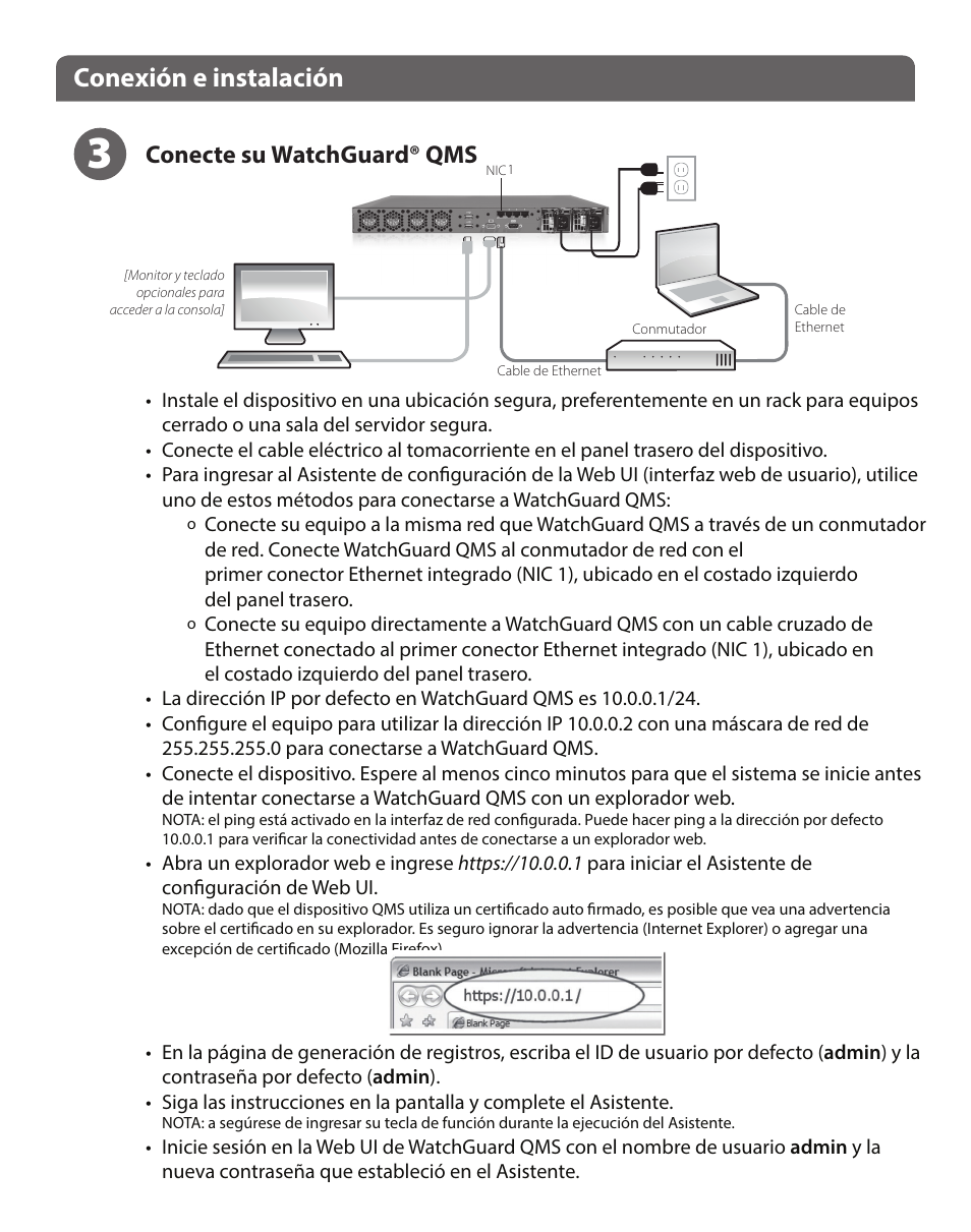 Conexión e instalación, Conecte su watchguard® qms | WatchGuard QMS 1200 User Manual | Page 12 / 44