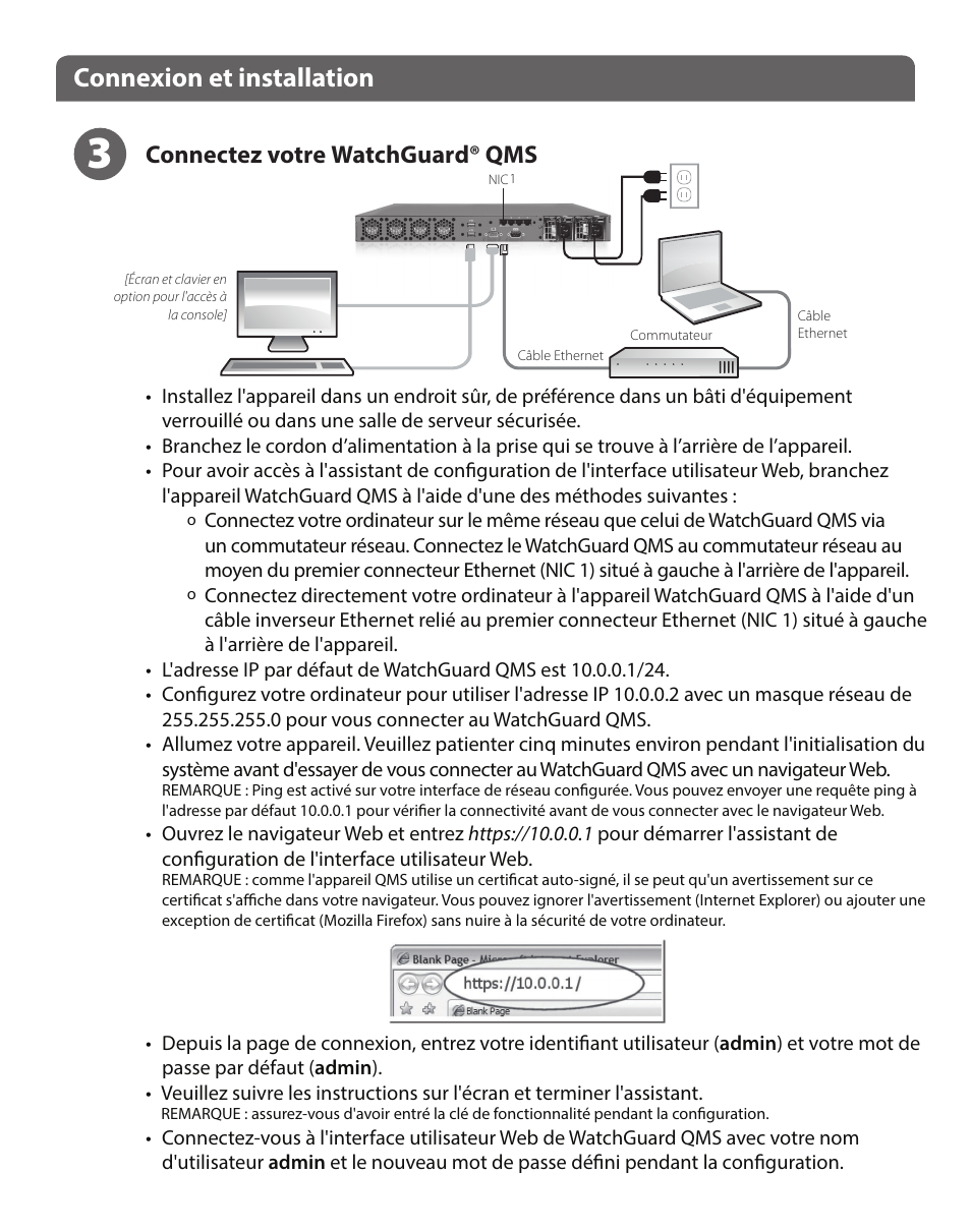 Connexion et installation, Connectez votre watchguard® qms | WatchGuard QMS 1200 User Manual | Page 16 / 44