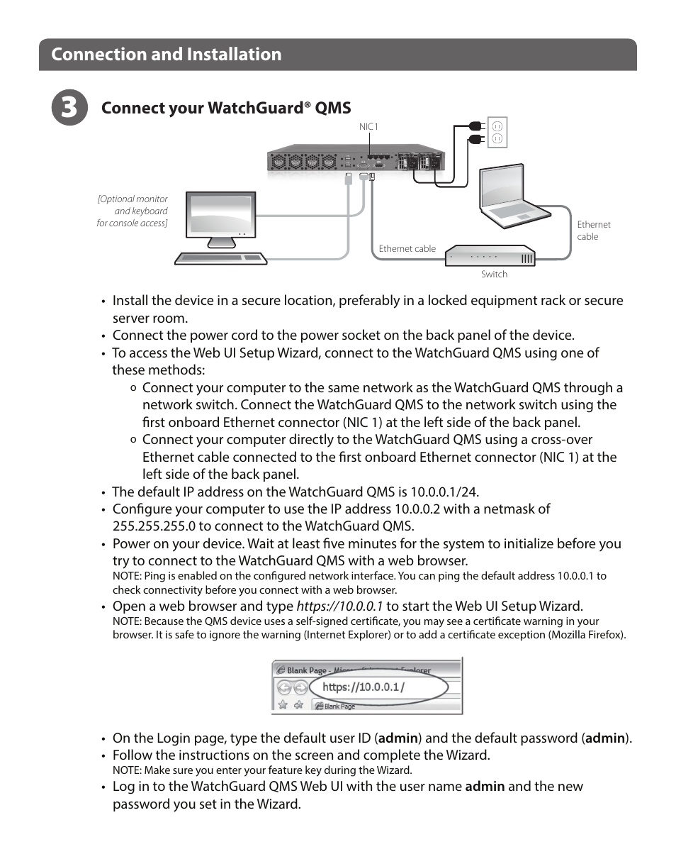 Connection and installation, Connect your watchguard® qms | WatchGuard QMS 1200 User Manual | Page 4 / 44