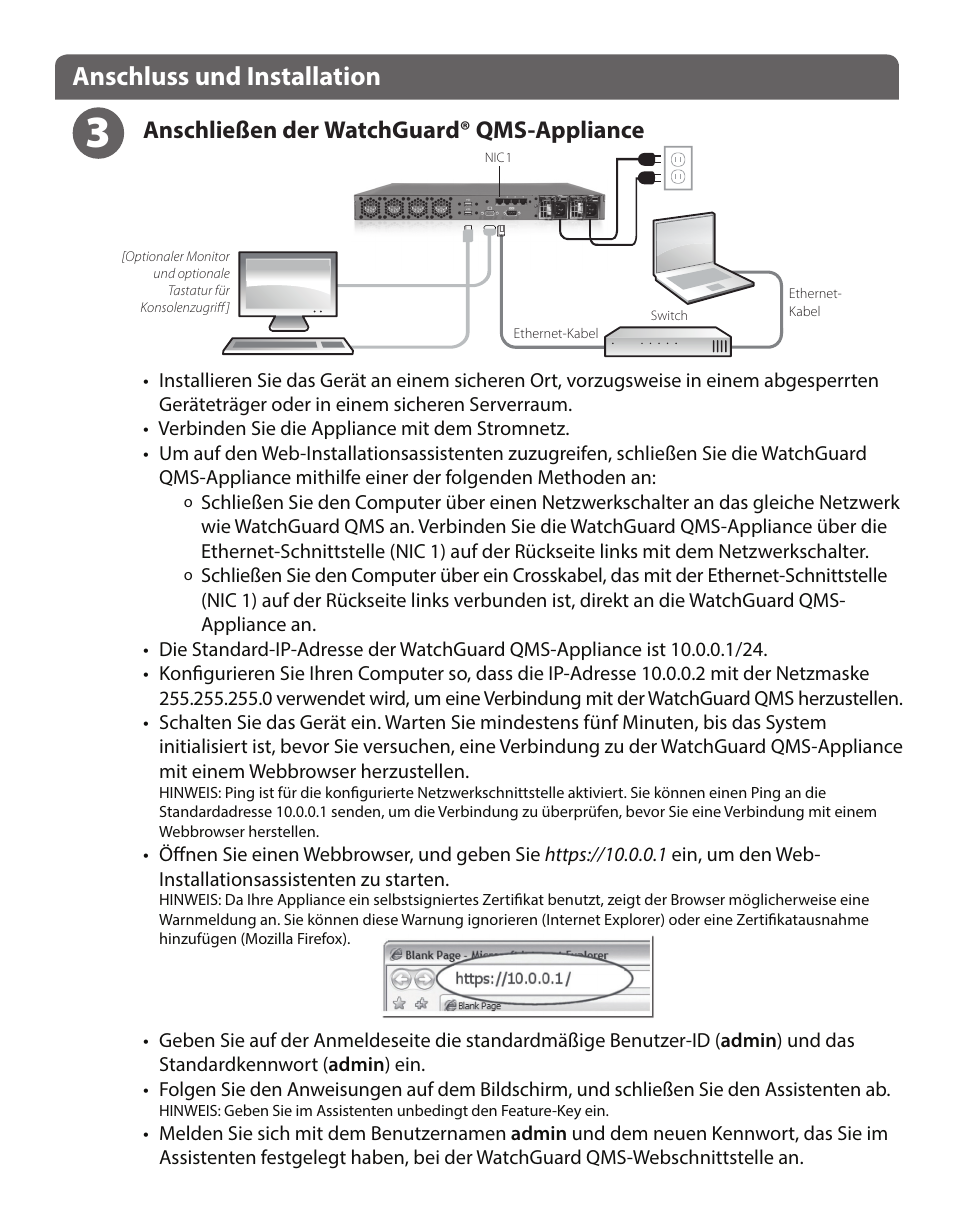 Anschluss und installation, Anschließen der watchguard® qms-appliance | WatchGuard QMS 1200 User Manual | Page 8 / 44