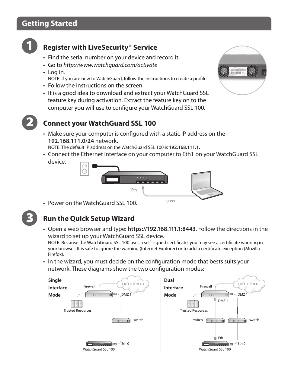 Getting started, Register with livesecurity® service, Connect your watchguard ssl 100 | Run the quick setup wizard | WatchGuard SSL 100 User Manual | Page 2 / 4