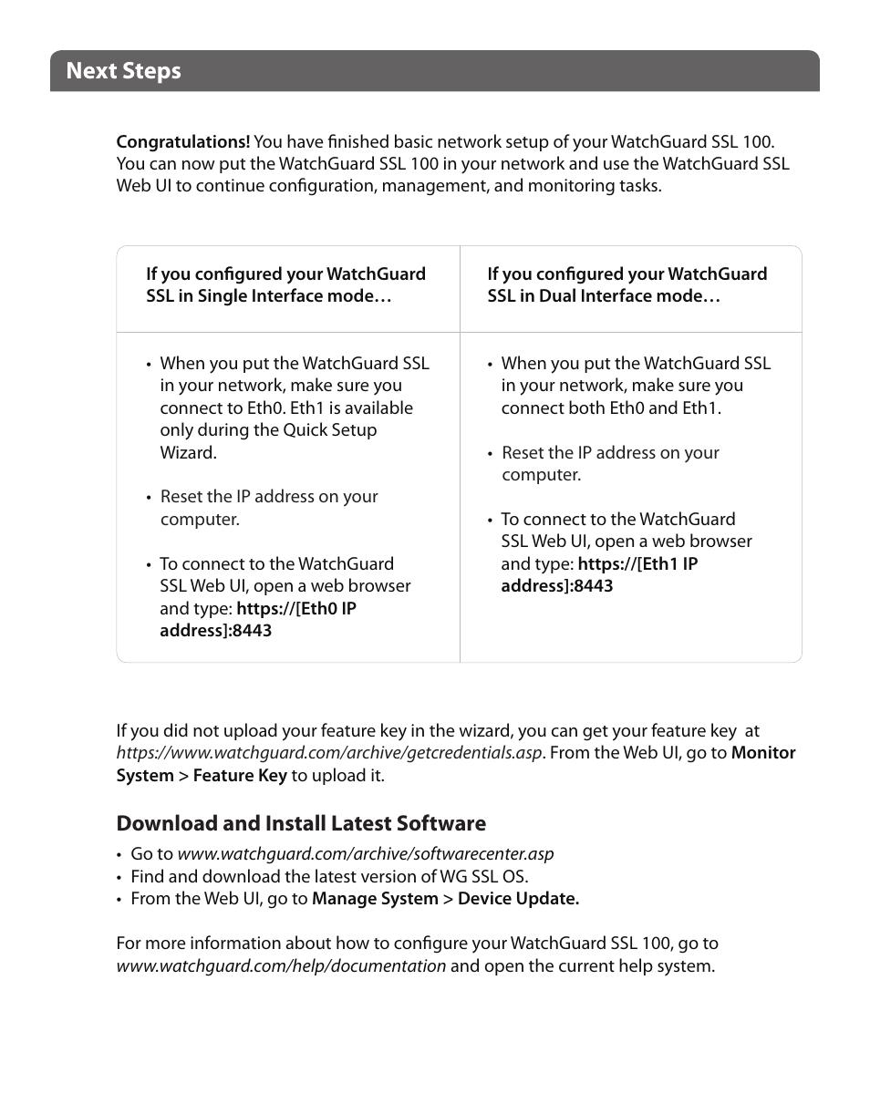 Next steps, Download and install latest software | WatchGuard SSL 100 User Manual | Page 3 / 4