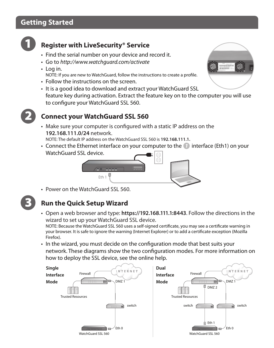 Getting started, Register with livesecurity® service, Connect your watchguard ssl 560 | Run the quick setup wizard | WatchGuard SSL 560 User Manual | Page 2 / 4