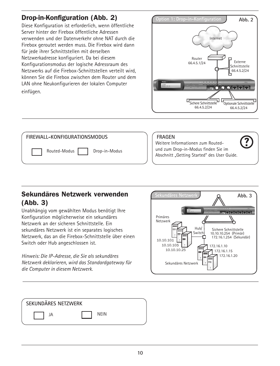 Drop-in-konfiguration (abb. 2), Sekundäres netzwerk verwenden (abb. 3) | WatchGuard Firebox X Core User Manual | Page 10 / 37