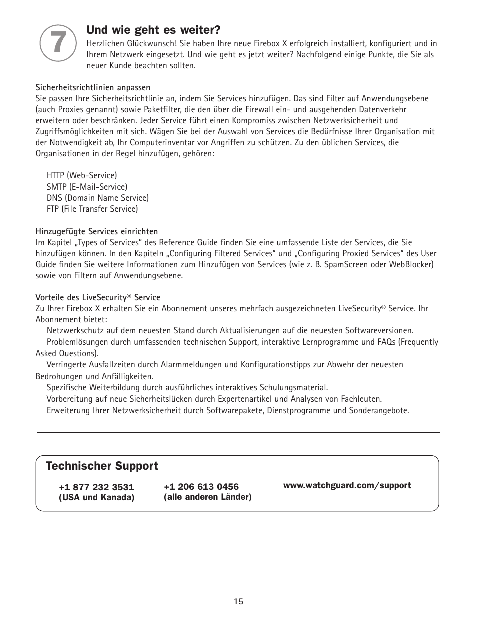 Und wie geht es weiter, Technischer support | WatchGuard Firebox X Core User Manual | Page 15 / 37