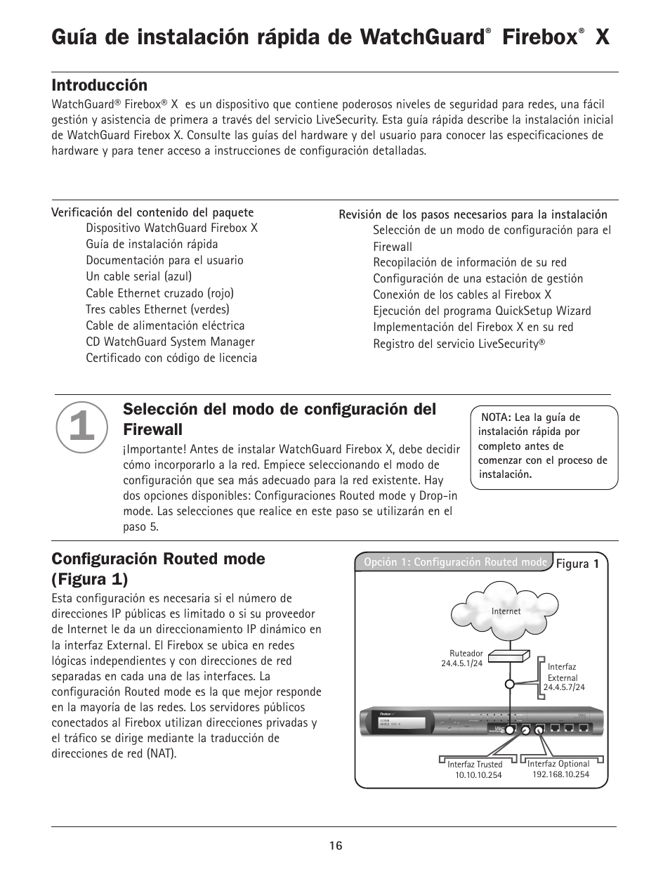 Guía de instalación rápida de watchguard, Firebox, Introducción | Selección del modo de configuración del firewall, Configuración routed mode (figura 1) | WatchGuard Firebox X Core User Manual | Page 16 / 37