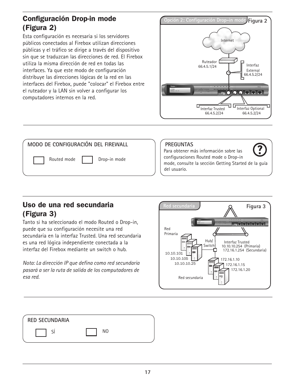 Configuración drop-in mode (figura 2), Uso de una red secundaria (figura 3) | WatchGuard Firebox X Core User Manual | Page 17 / 37