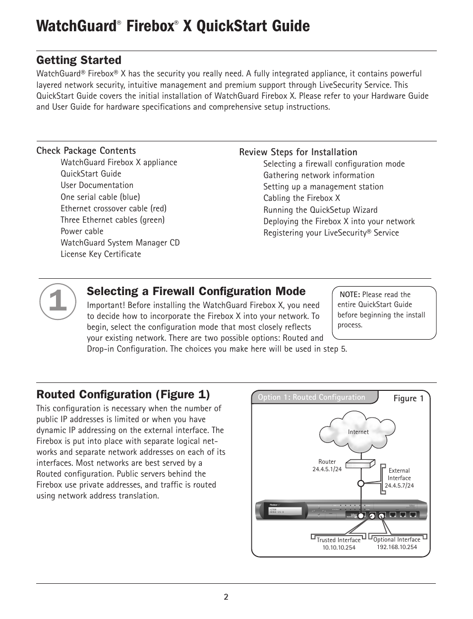 Watchguard, Firebox, X quickstart guide | Getting started, Selecting a firewall configuration mode, Routed configuration (figure 1) | WatchGuard Firebox X Core User Manual | Page 2 / 37