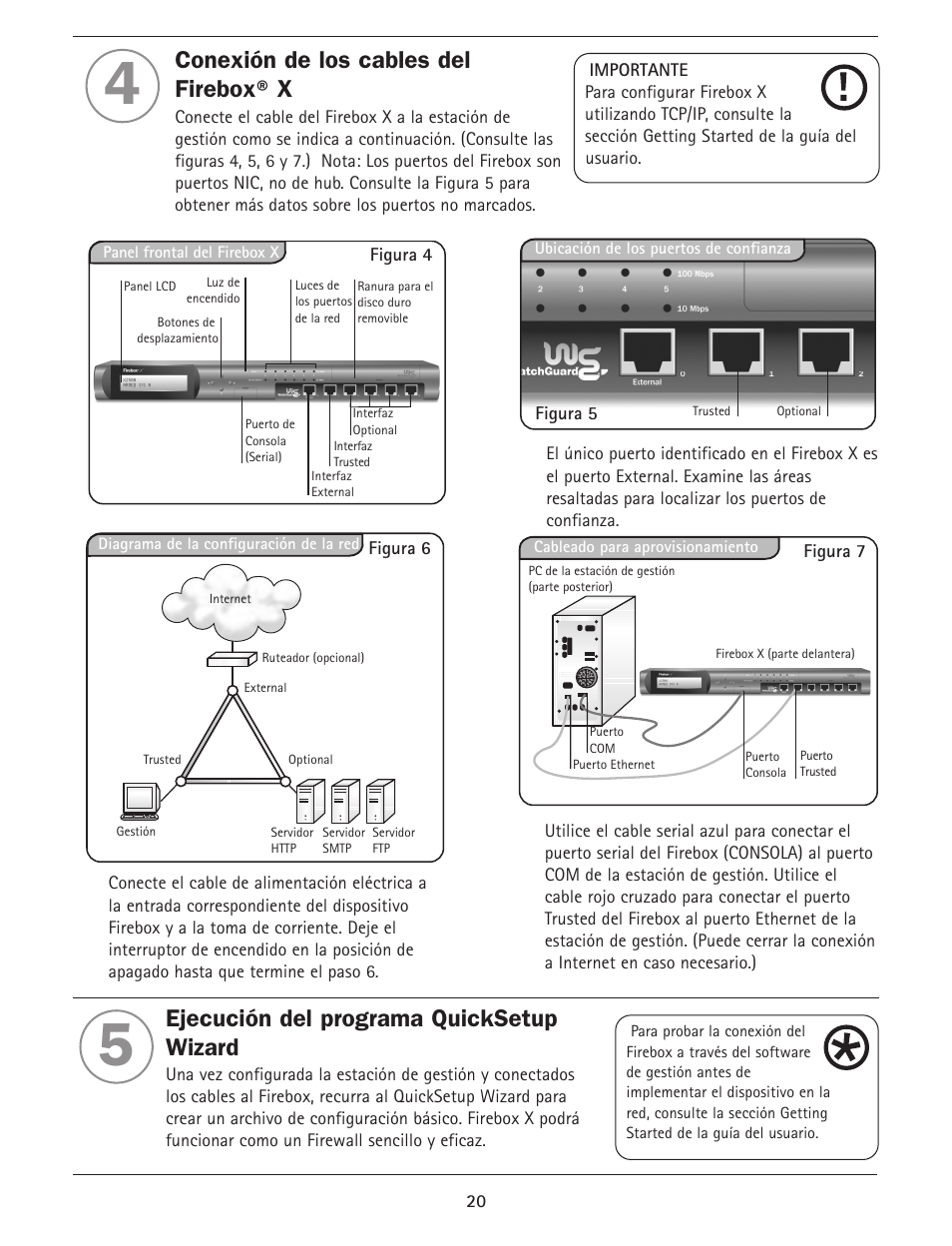 Conexión de los cables del firebox® x, Ejecución del programa quicksetup wizard | WatchGuard Firebox X Core User Manual | Page 20 / 37