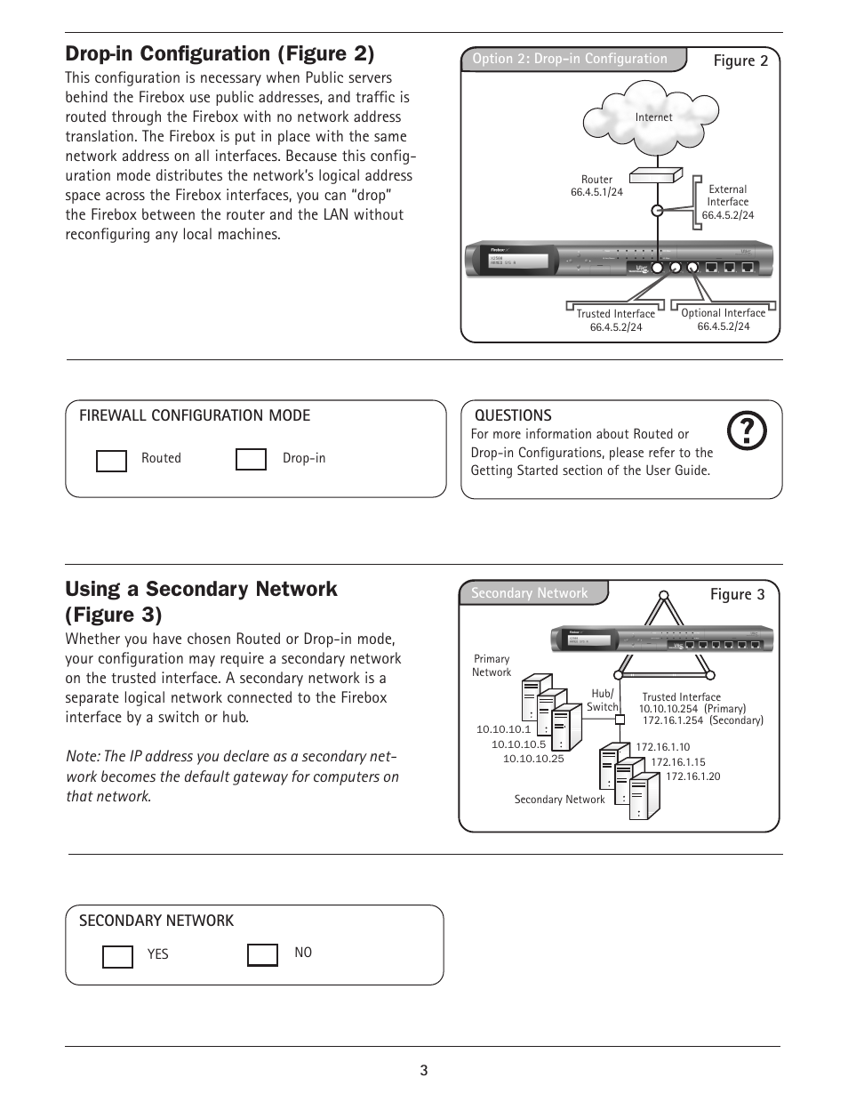 Drop-in configuration (figure 2), Using a secondary network (figure 3) | WatchGuard Firebox X Core User Manual | Page 3 / 37