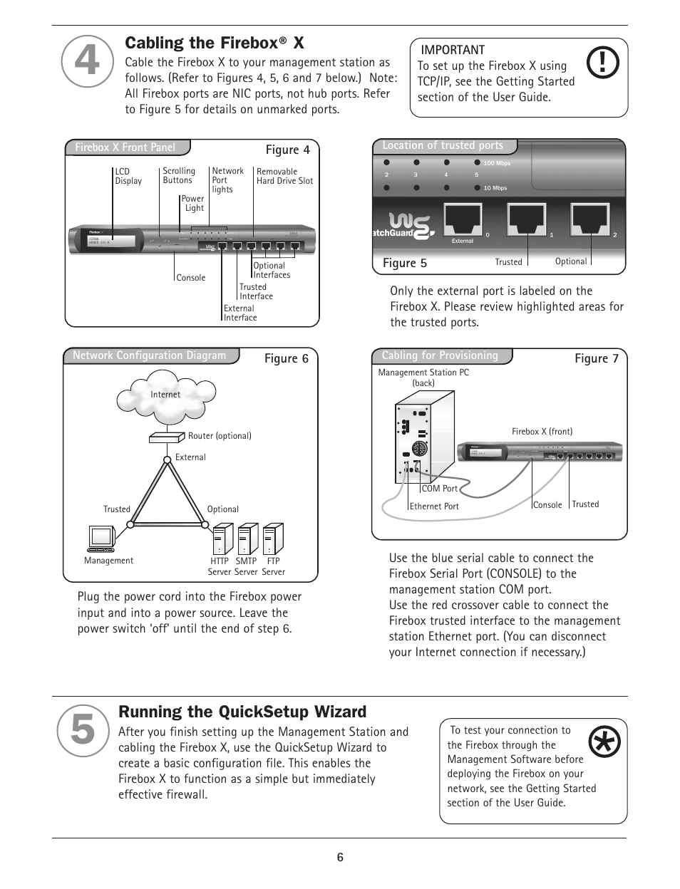 Cabling the firebox® x, Running the quicksetup wizard | WatchGuard Firebox X Core User Manual | Page 6 / 37