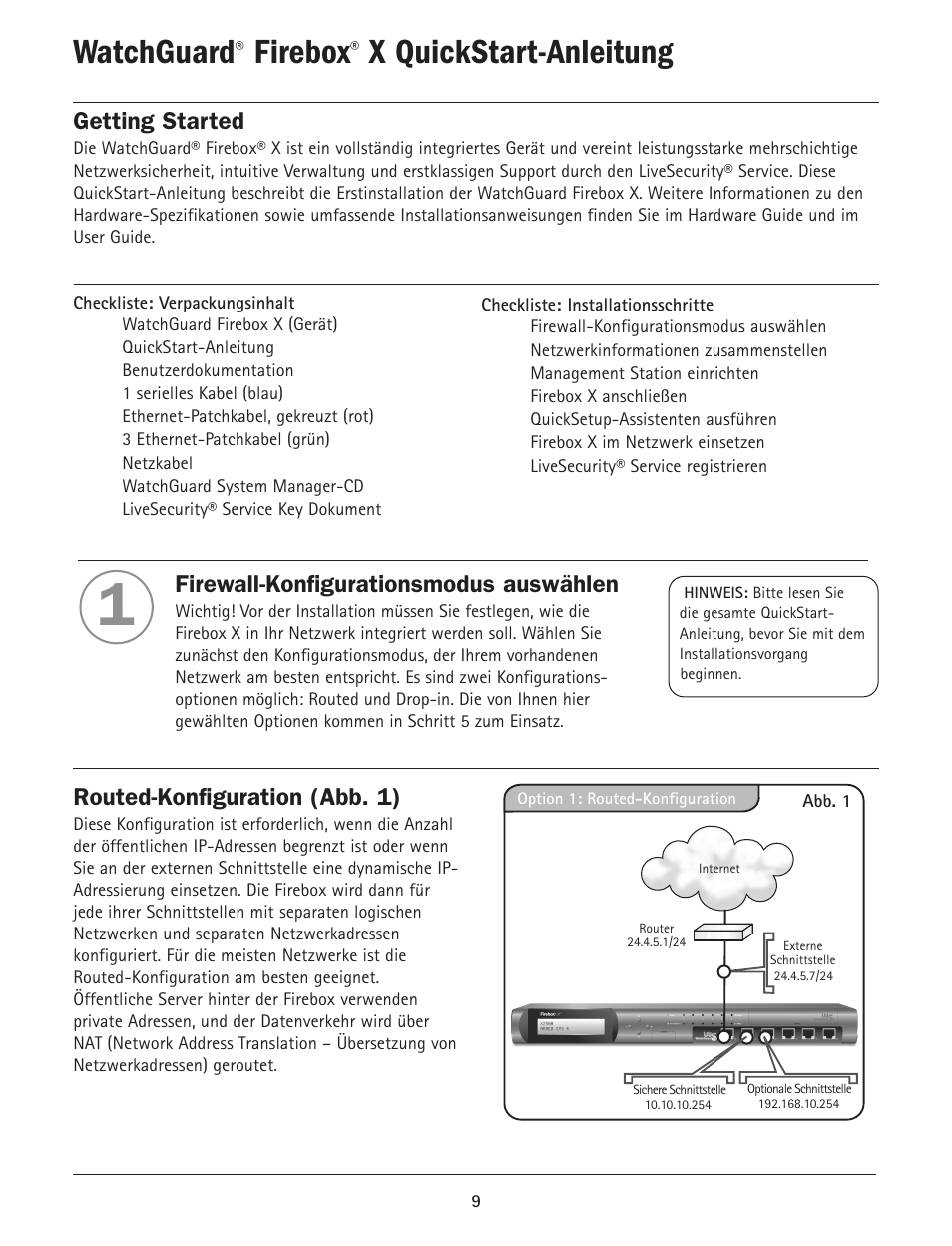 Watchguard, Firebox, X quickstart-anleitung | Getting started, Firewall-konfigurationsmodus auswählen, Routed-konfiguration (abb. 1) | WatchGuard Firebox X Core User Manual | Page 9 / 37