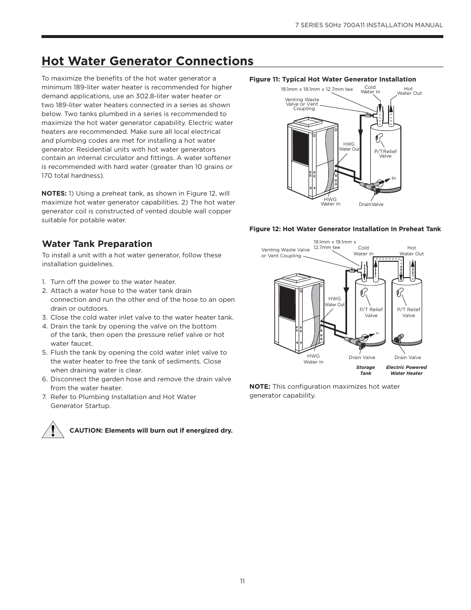 Hot water generator connections, Water tank preparation | WaterFurnace 7 Series User Manual | Page 11 / 48