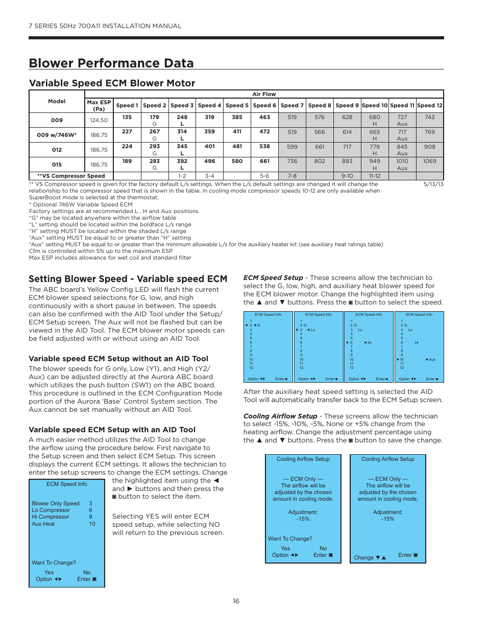 Blower performance data, Setting blower speed - variable speed ecm, Variable speed ecm blower motor | Variable speed ecm setup without an aid tool, Variable speed ecm setup with an aid tool | WaterFurnace 7 Series User Manual | Page 16 / 48