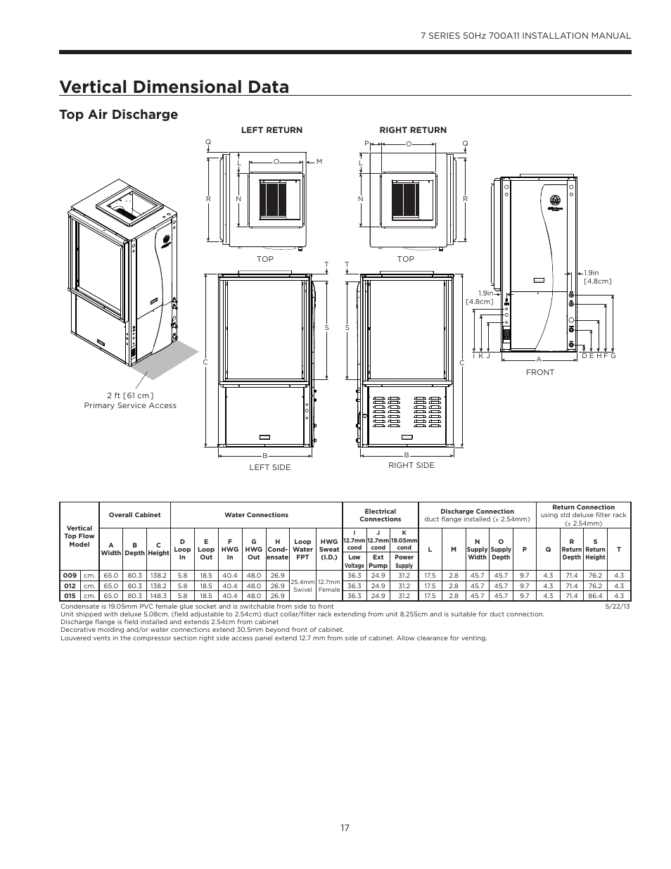 Vertical dimensional data, Top air discharge | WaterFurnace 7 Series User Manual | Page 17 / 48