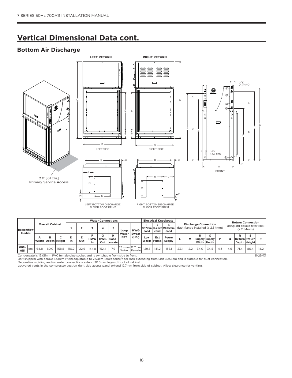 Vertical dimensional data cont, Bottom air discharge | WaterFurnace 7 Series User Manual | Page 18 / 48