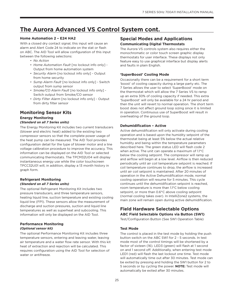 The aurora advanced vs control system cont, Monitoring sensor kits, Special modes and applications | Field hardware selectable options | WaterFurnace 7 Series User Manual | Page 25 / 48