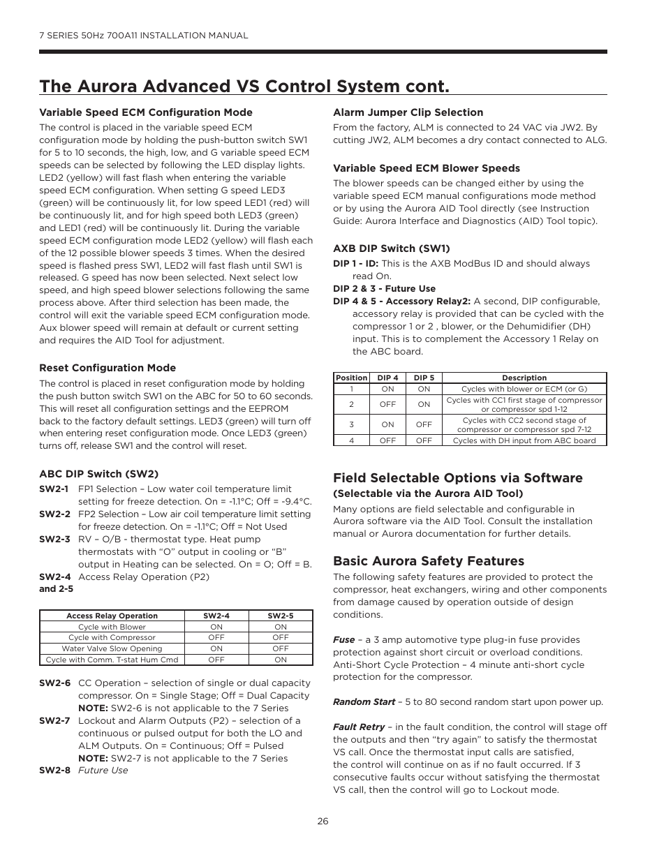 The aurora advanced vs control system cont, Field selectable options via software, Basic aurora safety features | WaterFurnace 7 Series User Manual | Page 26 / 48