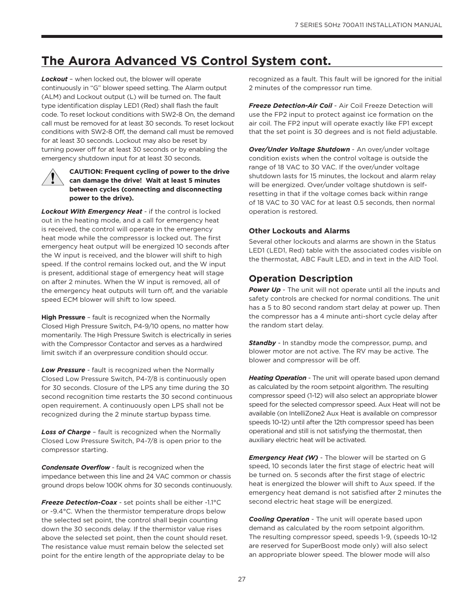 The aurora advanced vs control system cont, Operation description | WaterFurnace 7 Series User Manual | Page 27 / 48