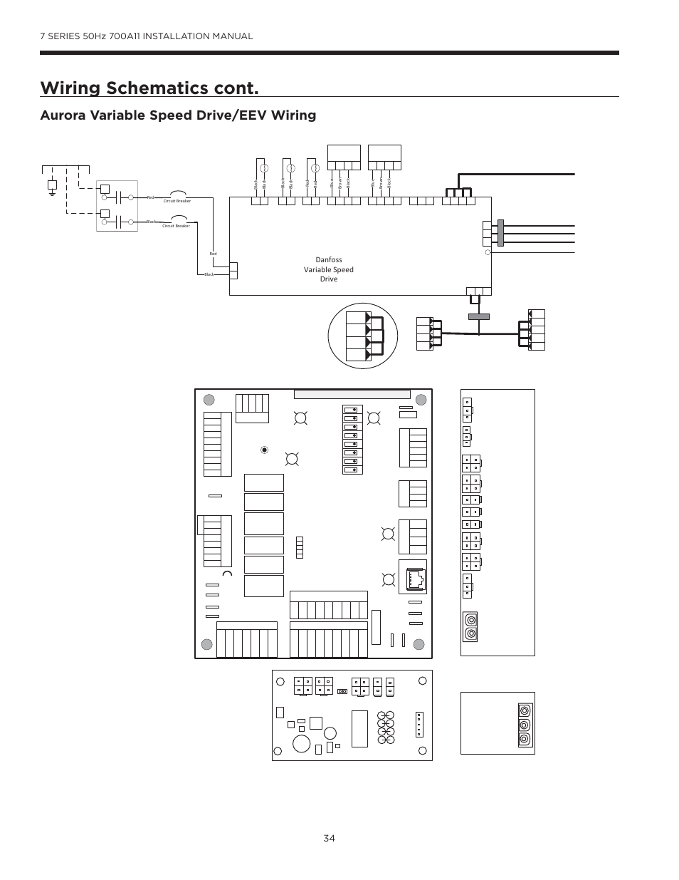 Wiring schematics cont, Aurora variable speed drive/eev wiring, Aurora base control | Eev control board, Variable speed drive end views, Danfoss variable speed drive | WaterFurnace 7 Series User Manual | Page 34 / 48