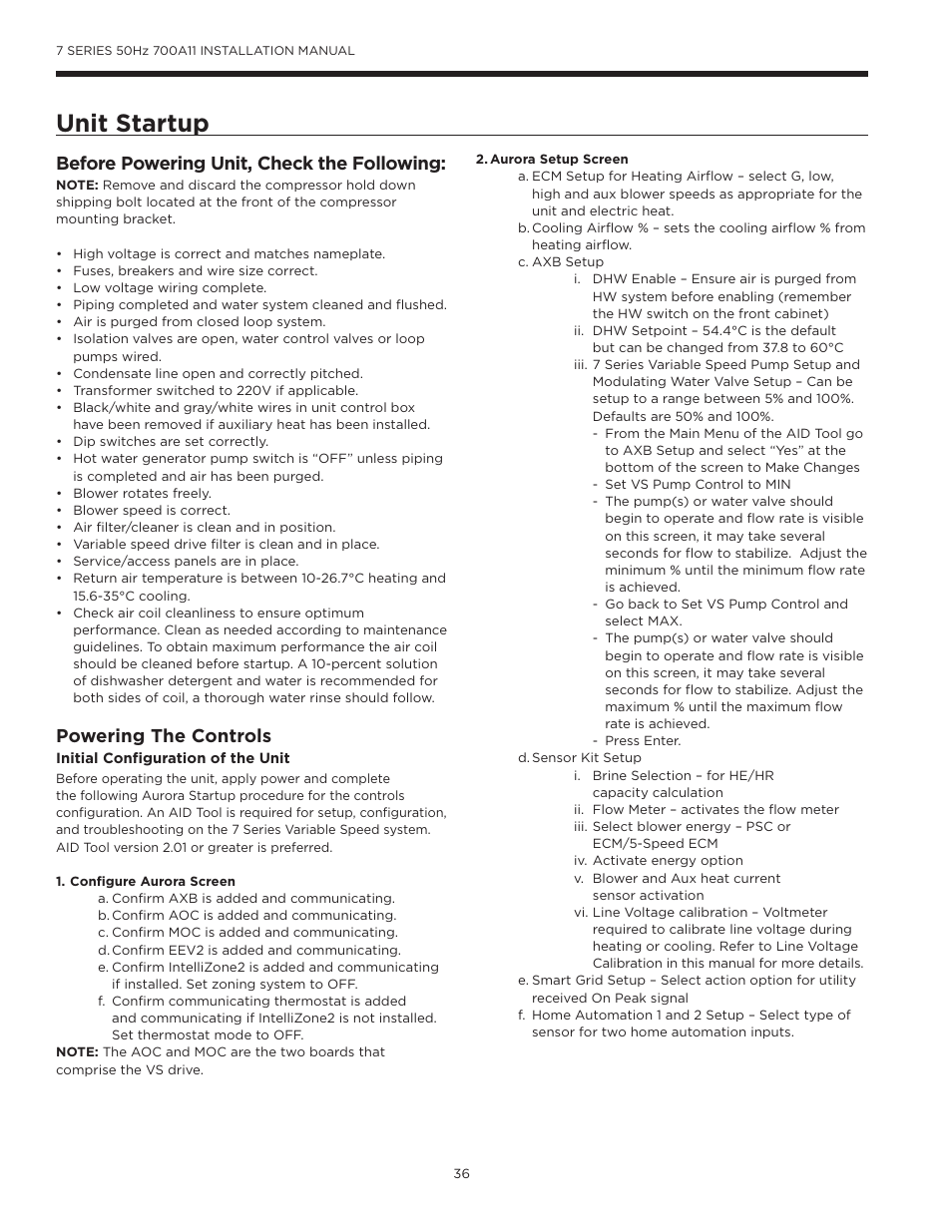 Unit startup, Before powering unit, check the following, Powering the controls | WaterFurnace 7 Series User Manual | Page 36 / 48