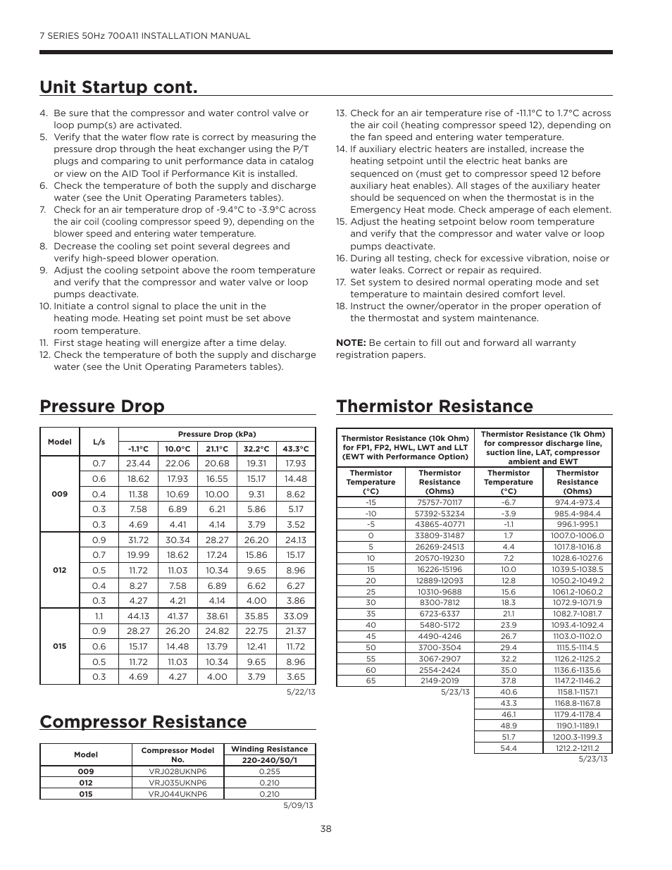 Pressure drop, Compressor resistance, Thermistor resistance | Thermistor resistance compressor resistance, Unit startup cont | WaterFurnace 7 Series User Manual | Page 38 / 48