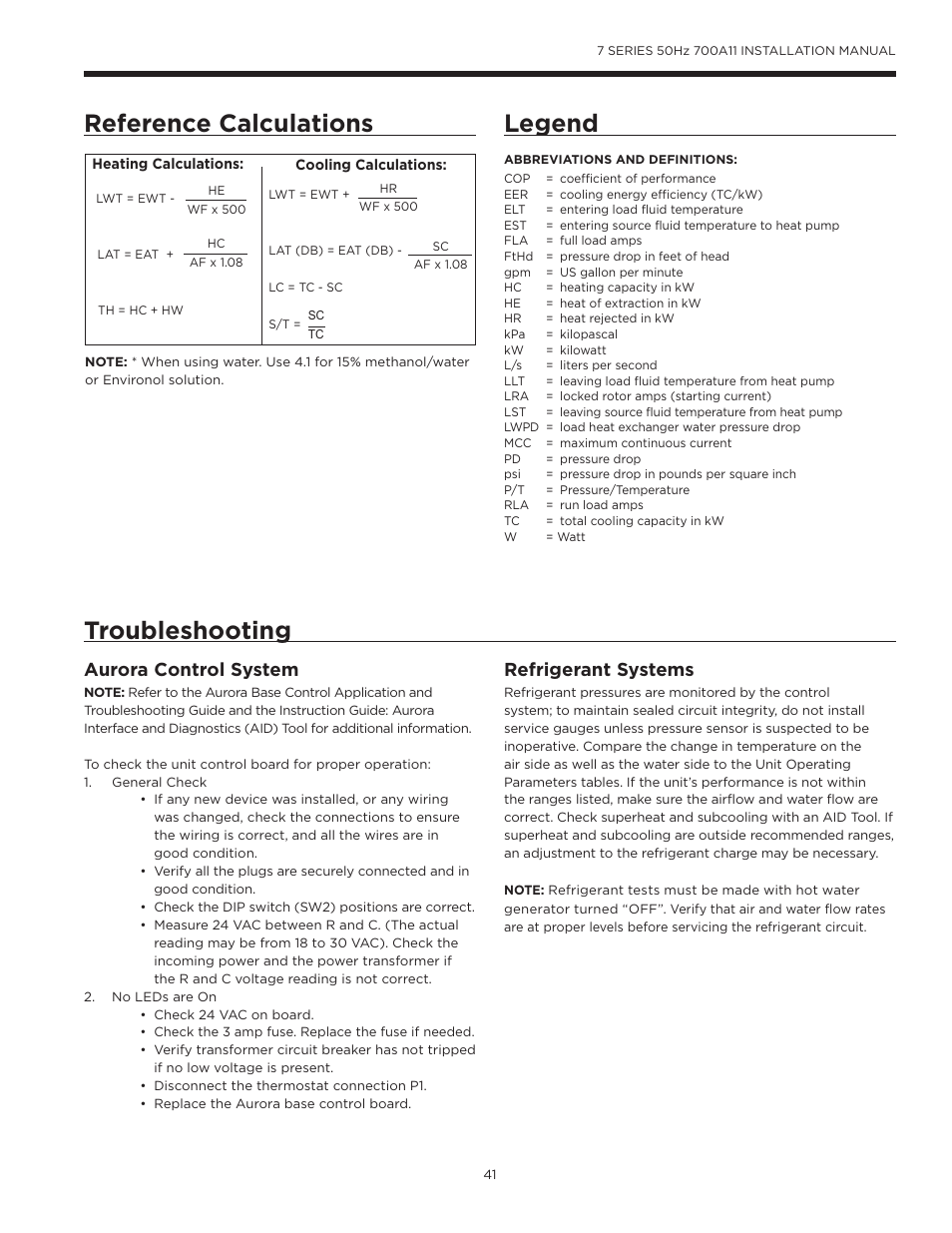 Reference calculations, Legend, Troubleshooting | Troubleshooting reference calculations legend, Aurora control system, Refrigerant systems | WaterFurnace 7 Series User Manual | Page 41 / 48