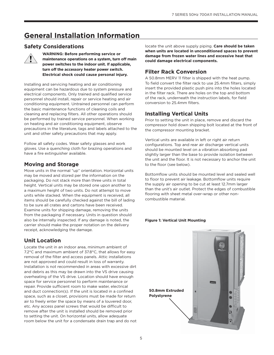 General installation information, Moving and storage, Unit location | Safety considerations, Filter rack conversion, Installing vertical units | WaterFurnace 7 Series User Manual | Page 5 / 48