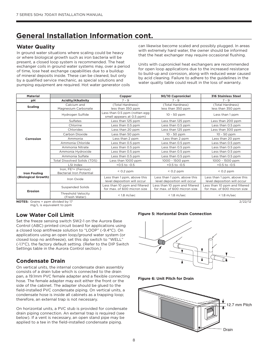 General installation information cont, Low water coil limit, Condensate drain | Water quality | WaterFurnace 7 Series User Manual | Page 8 / 48