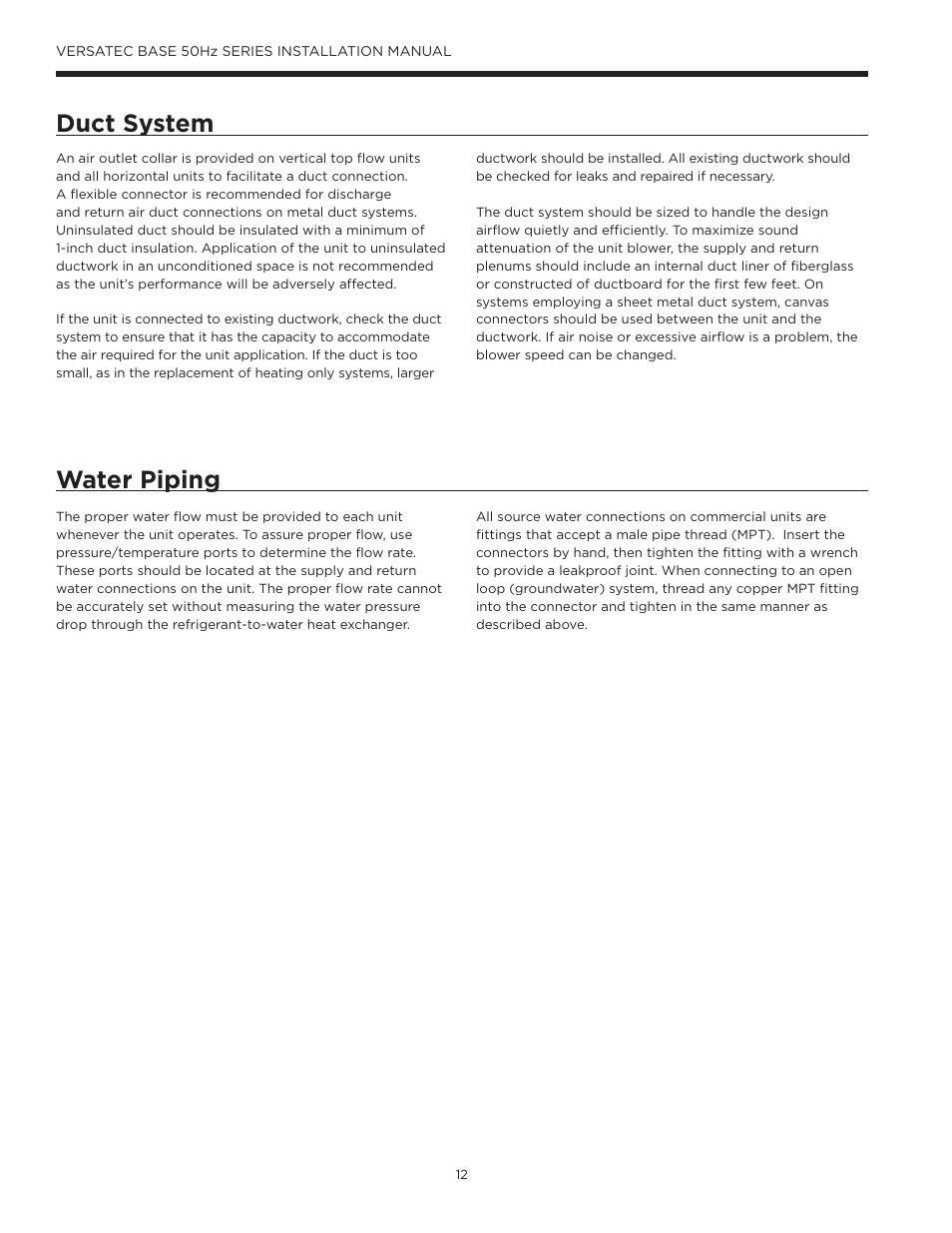 Duct system, Water piping, Duct system water piping | WaterFurnace Versatec Base User Manual | Page 12 / 55