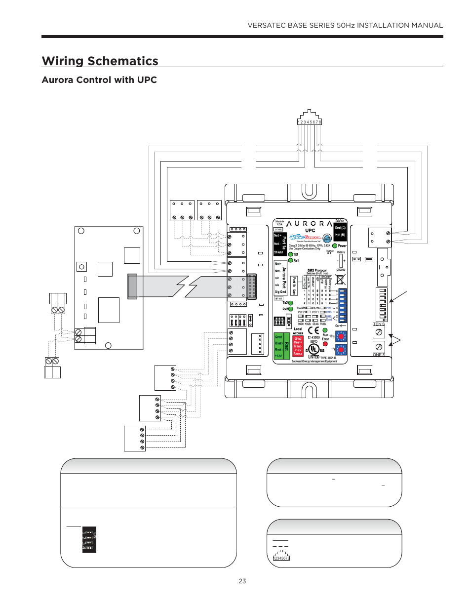 Wiring schematics, Aurora control with upc, Zs sensor information | Legend, Versatec base series 50hz installation manual, Lon oc | WaterFurnace Versatec Base User Manual | Page 23 / 55