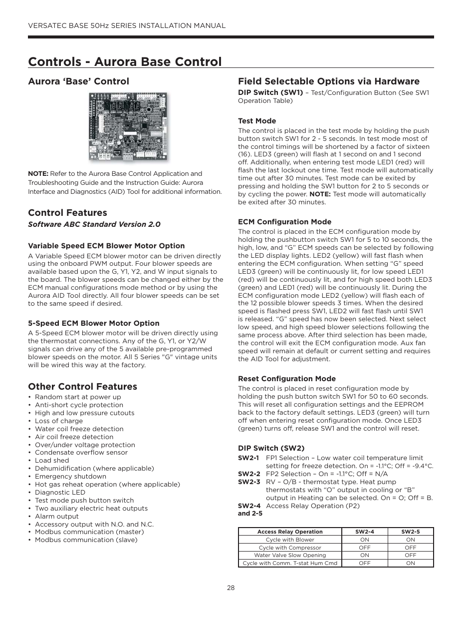 Controls - aurora base control, Aurora ‘base’ control, Control features | Other control features, Field selectable options via hardware | WaterFurnace Versatec Base User Manual | Page 28 / 55