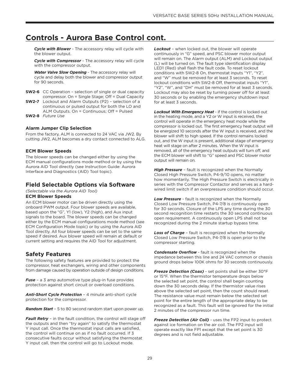 Controls - aurora base control cont, Field selectable options via software, Safety features | WaterFurnace Versatec Base User Manual | Page 29 / 55