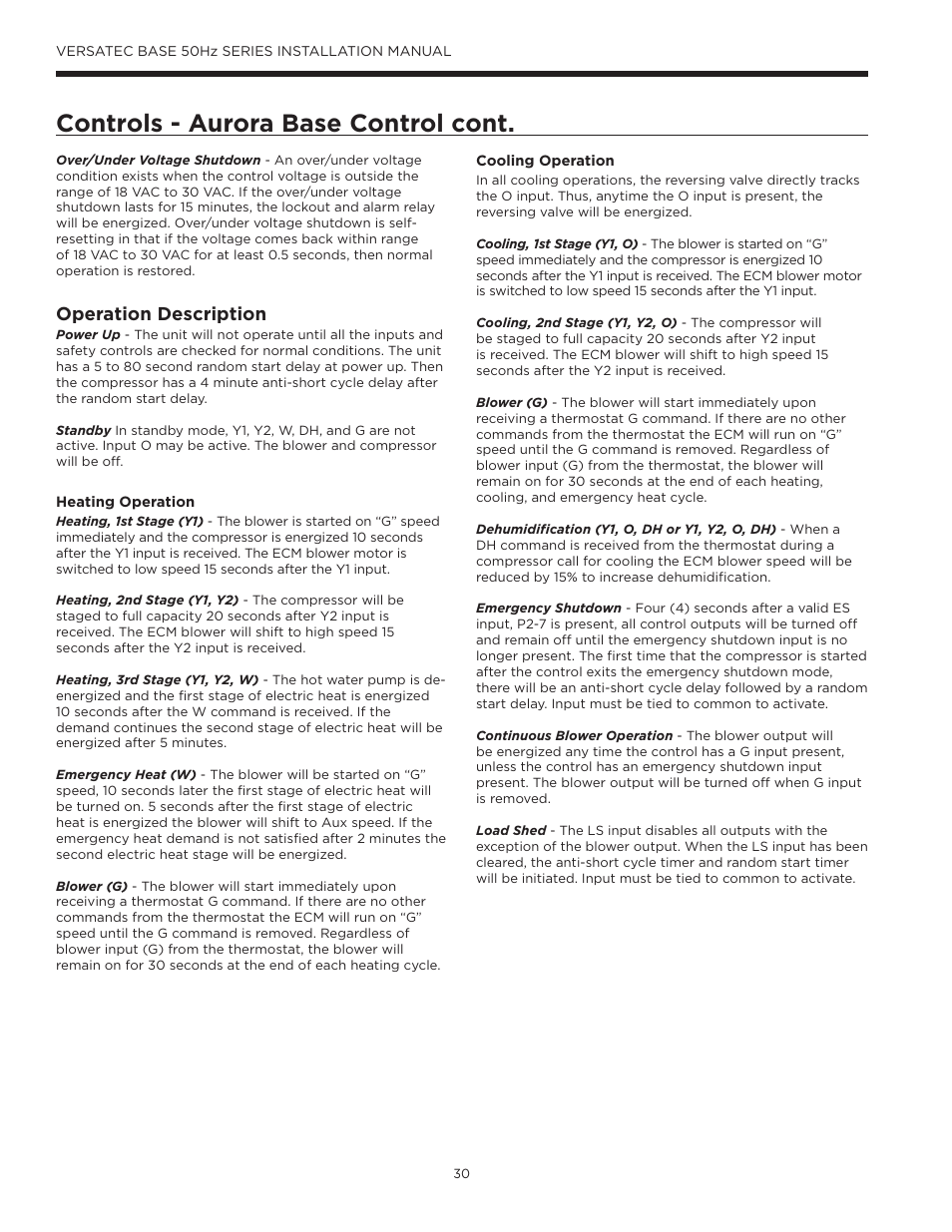 Controls - aurora base control cont, Operation description | WaterFurnace Versatec Base User Manual | Page 30 / 55