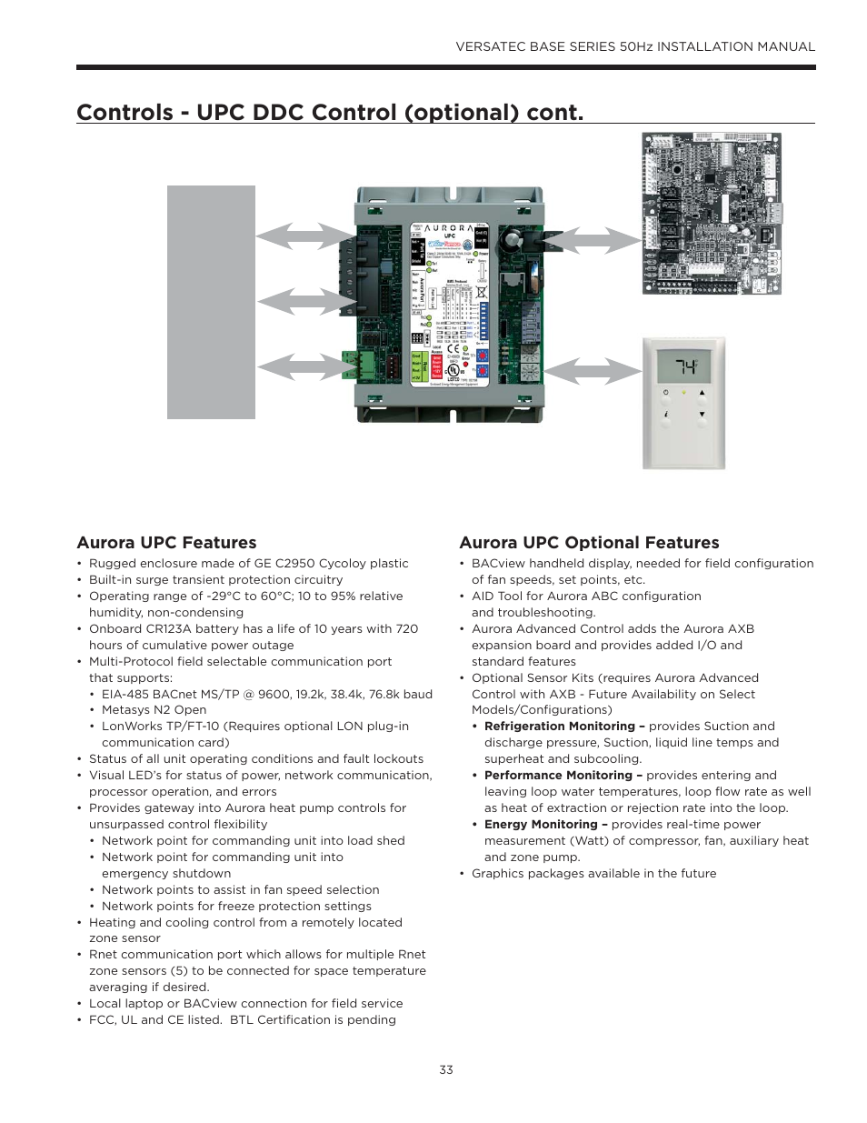 Controls - upc ddc control (optional) cont, Aurora upc features, Aurora upc optional features | WaterFurnace Versatec Base User Manual | Page 33 / 55