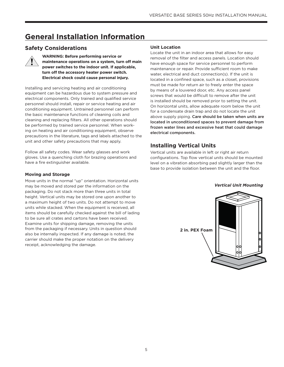 General installation information, Safety considerations, Installing vertical units | WaterFurnace Versatec Base User Manual | Page 5 / 55