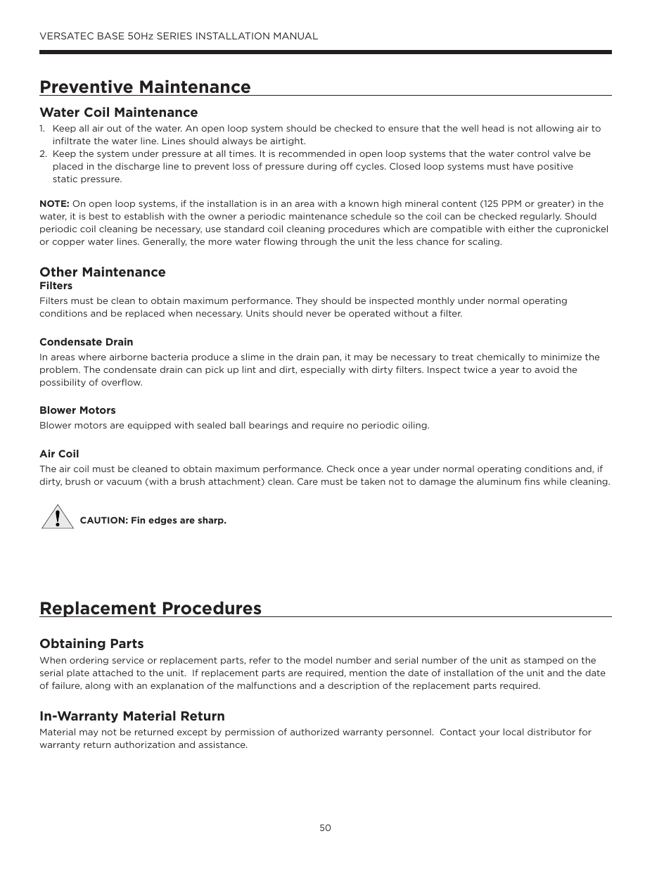 Preventive maintenance, Replacement procedures, Water coil maintenance | Other maintenance, Obtaining parts, In-warranty material return | WaterFurnace Versatec Base User Manual | Page 50 / 55
